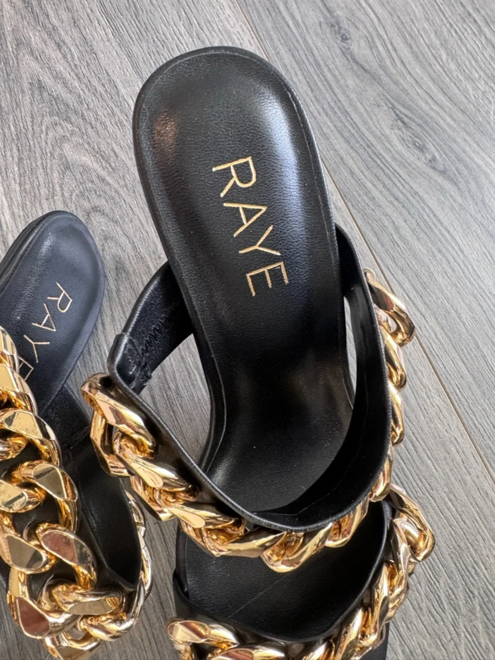RAYE Deux Heel in Black Stiletto Slide Gold Chain Straps 5.5
